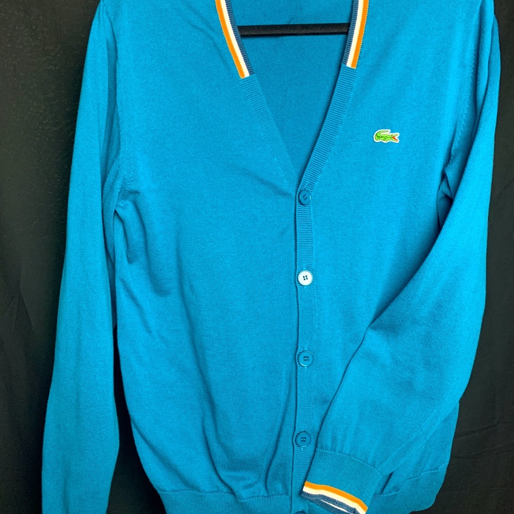 Lacoste Cardigan in teal with striped details - Size 4